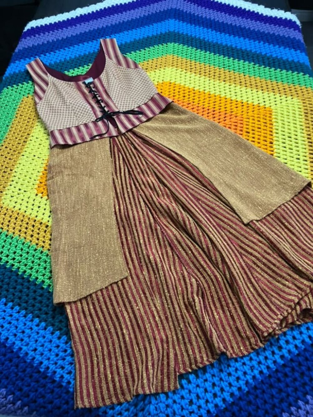 90's Vintage LimpeT Costume Gold Red Stripe Couture Silk Hemp Corset Duster